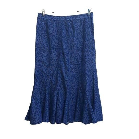 Vtg 80's Studio West Skirt Womens L Cotton Jean Flounce Ruffle Midi Leopard Blue - Picture 1 of 8